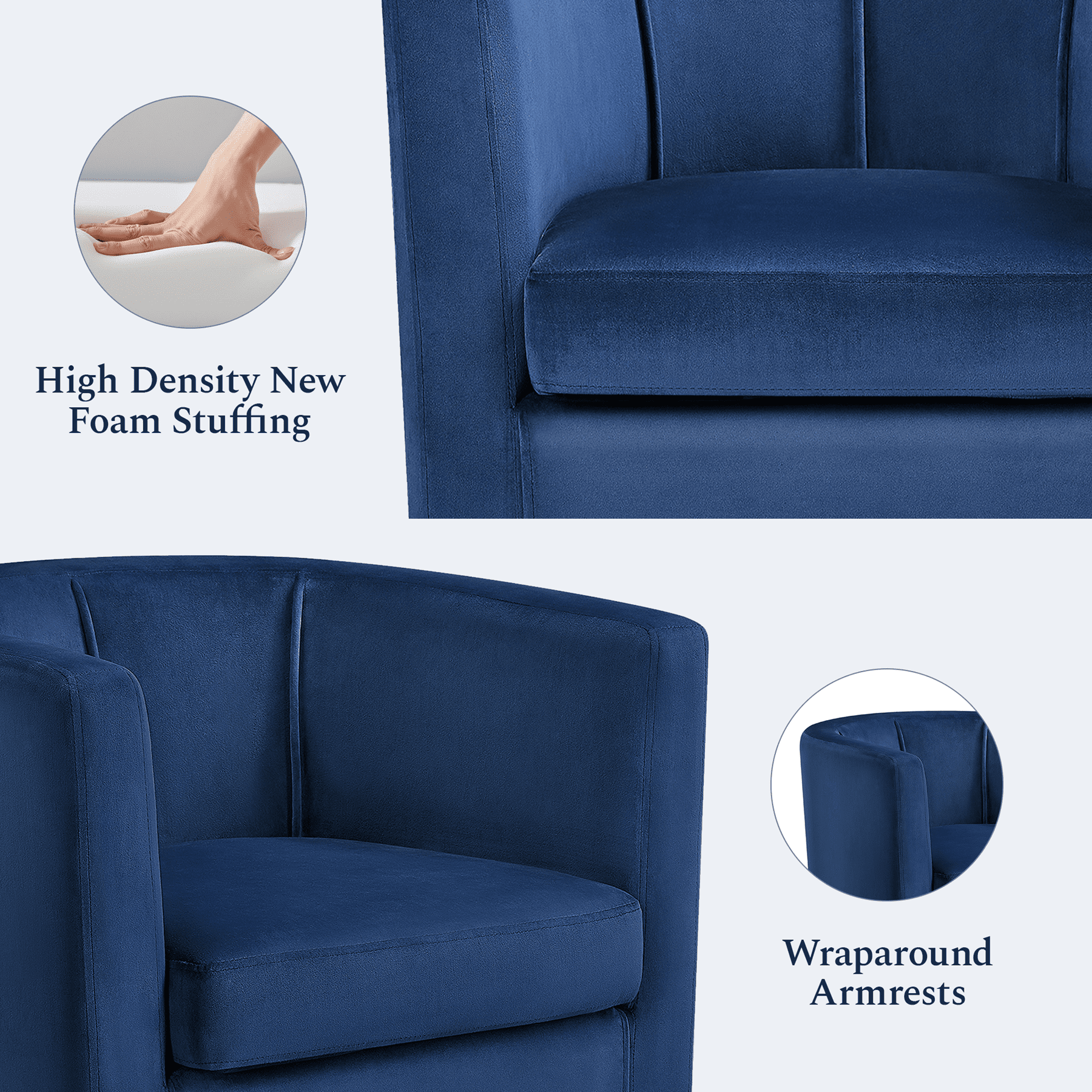 Renwick Upholstered Barrel Shaped Accent Chair with Curved Backrest for Livingroom, Blue Velvet