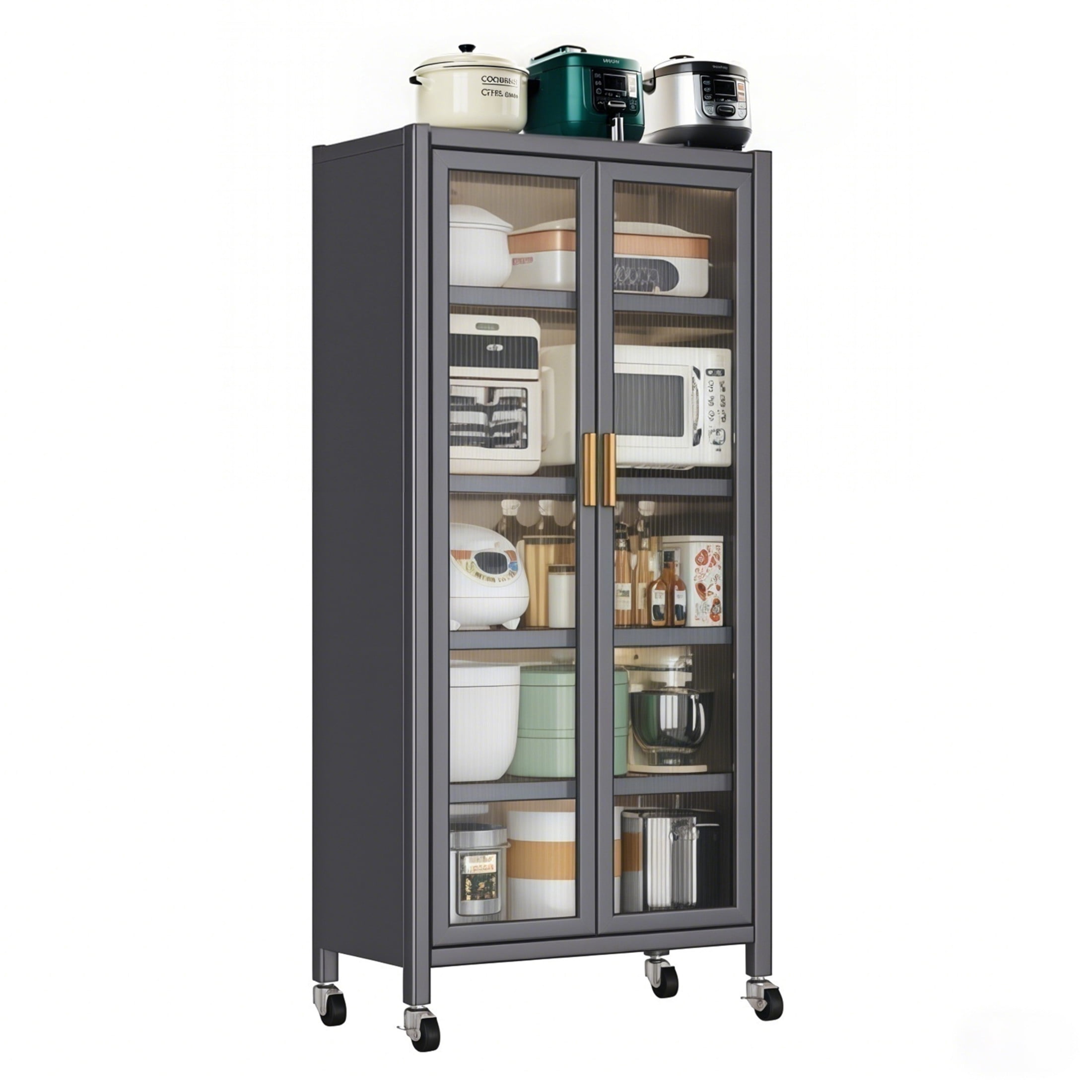 Noble House 65" Metal 6-Tier Pantry Storage Cabinet, Kitchen Organizer with Wheels and Transparent Doors, Gray