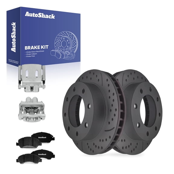 AutoShack Front Vented Drilled & Slotted Coated Brake Rotors Black Matte Finish   Ceramic Pads   Calipers 8-PC Brake Kit Replacement for 2007 GMC Sierra 1500 Classic BlackShield 12.78" (324.7 mm)