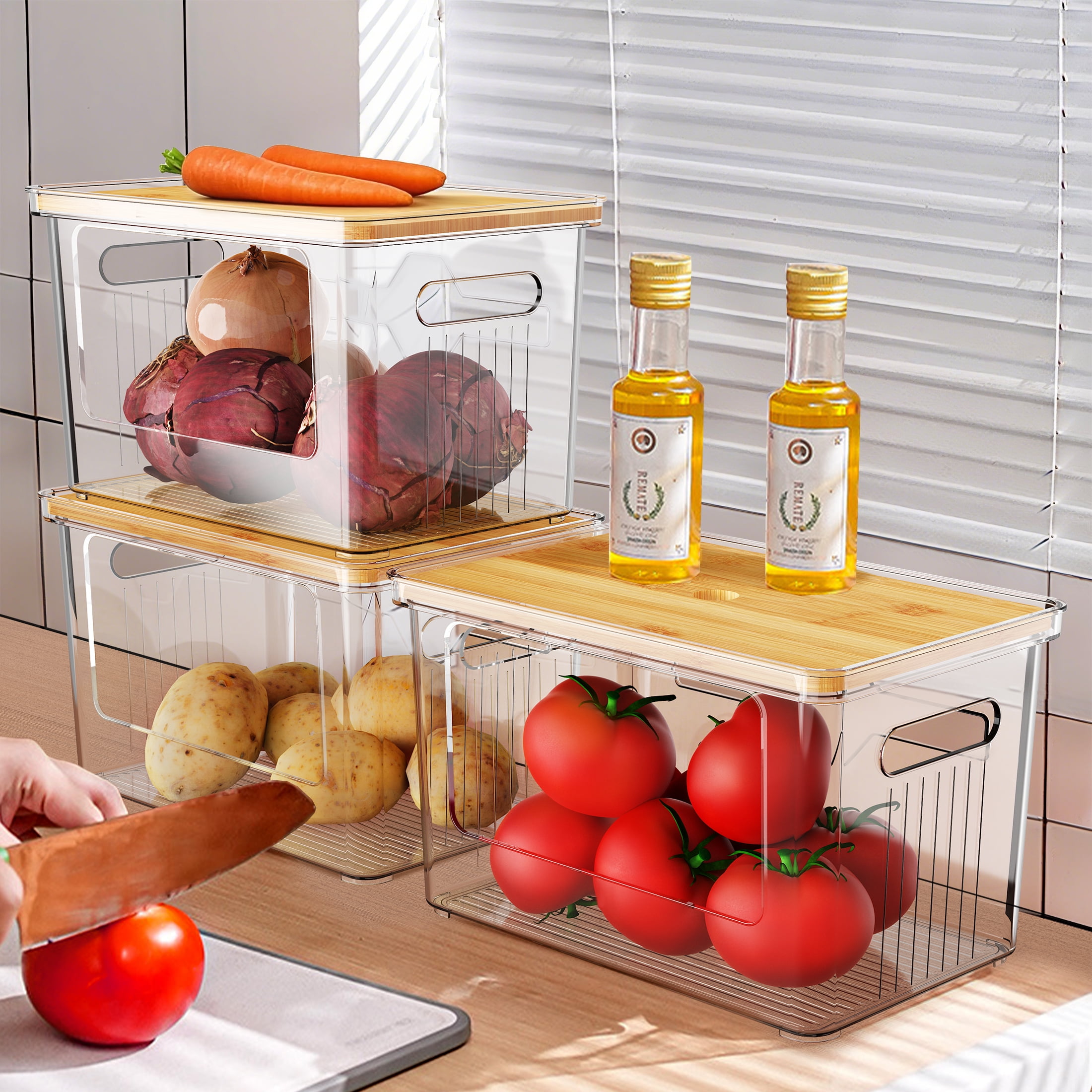 Hnrifc 2 Pack Stackable Storage with Bamboo Top for Laundry Room Organization, Extra Large Trash Bag/Garbage Bag Dispenser, Under Sink Organizer, Pantry Organizers