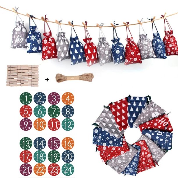 Bolsas de calendario de adviento de Navidad, arpillera colgante de 24 días, bolsa de regalo de dulces, decoración de Cuenta atrás con pegatinas de números
