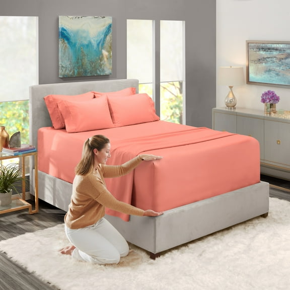Clara Clark Hotel Luxury Soft Microfiber Extra Deep Pocket 7 Piece Bed Sheets Set, Fits 18"-24", Split King, Misty Rose