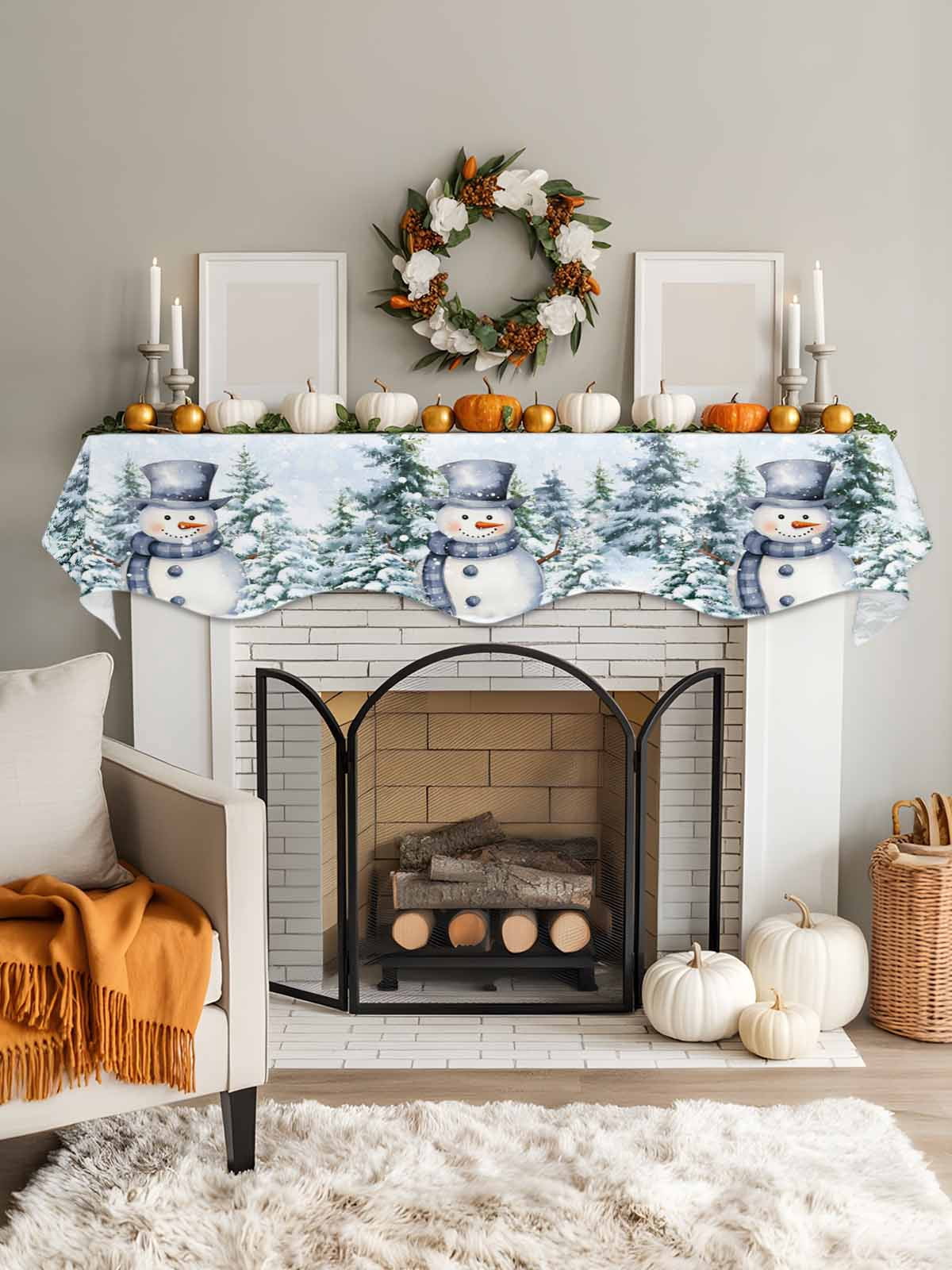 Christmas Blue Snowman Fireplace Mantle Scarf Winter Snow Scene Pine Tree Forest Bird Mantel Cover Runner Fireplace Cloth for Holiday Party Home Living Room Decor 70 x 17 Inch