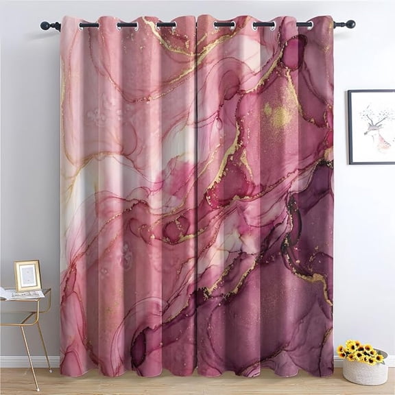 Blush Marble Blackout Curtains, Pink And Gold Patterned Curtain For Bedroom, Living Room Decor, Room Darkening Thermal Insulated Grommet Drapes 53"W x 84"L (Pack of 2)