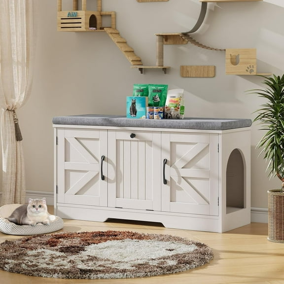 VEANERWOOD Farmhouse Cat Box Litter Enclosure with Cushion, Flip Top Hidden Cat Litter Box Furniture, White