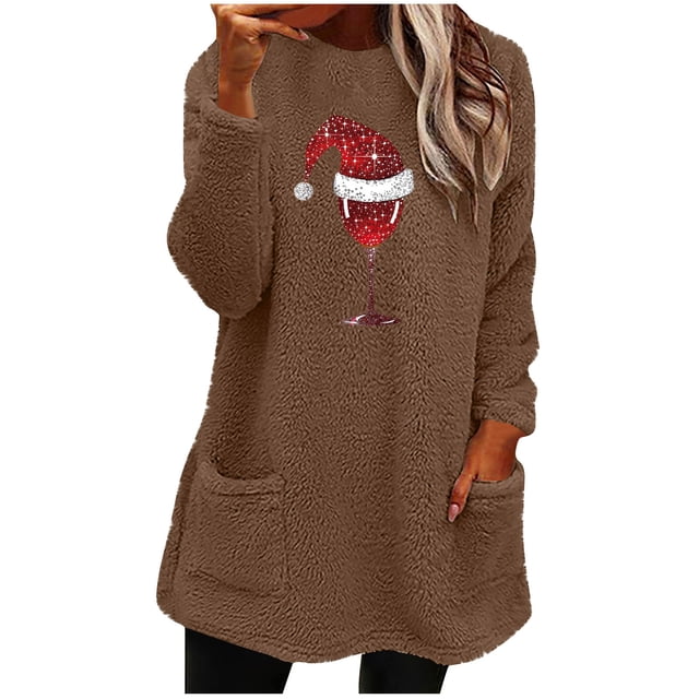 Pisexur Fuzzy Chandails de Noël pour Femmes Doublés en Molleton à Manches Longues à Col Rond Chandail d'Hiver Chaud Imprimé Verres de Vin Rouge Chandail de Noël à Enfiler Hauts avec Poches