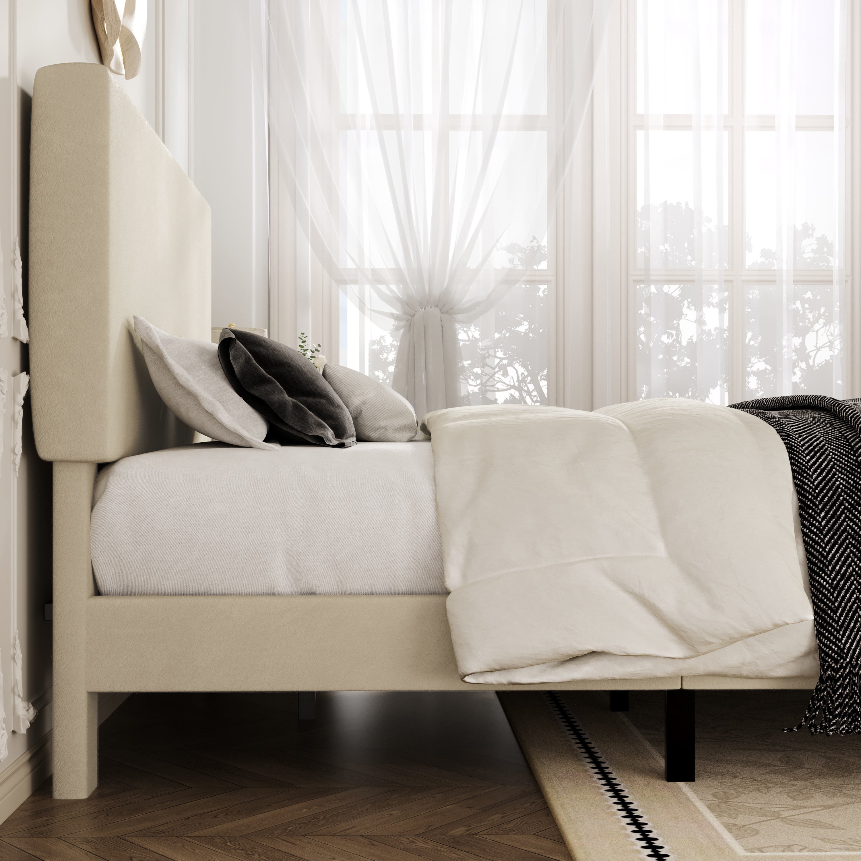 Amolife Queen Bed Frame, Platform Bed Frame with Upholstered Adjustable Headboard, Cream White, Velvet