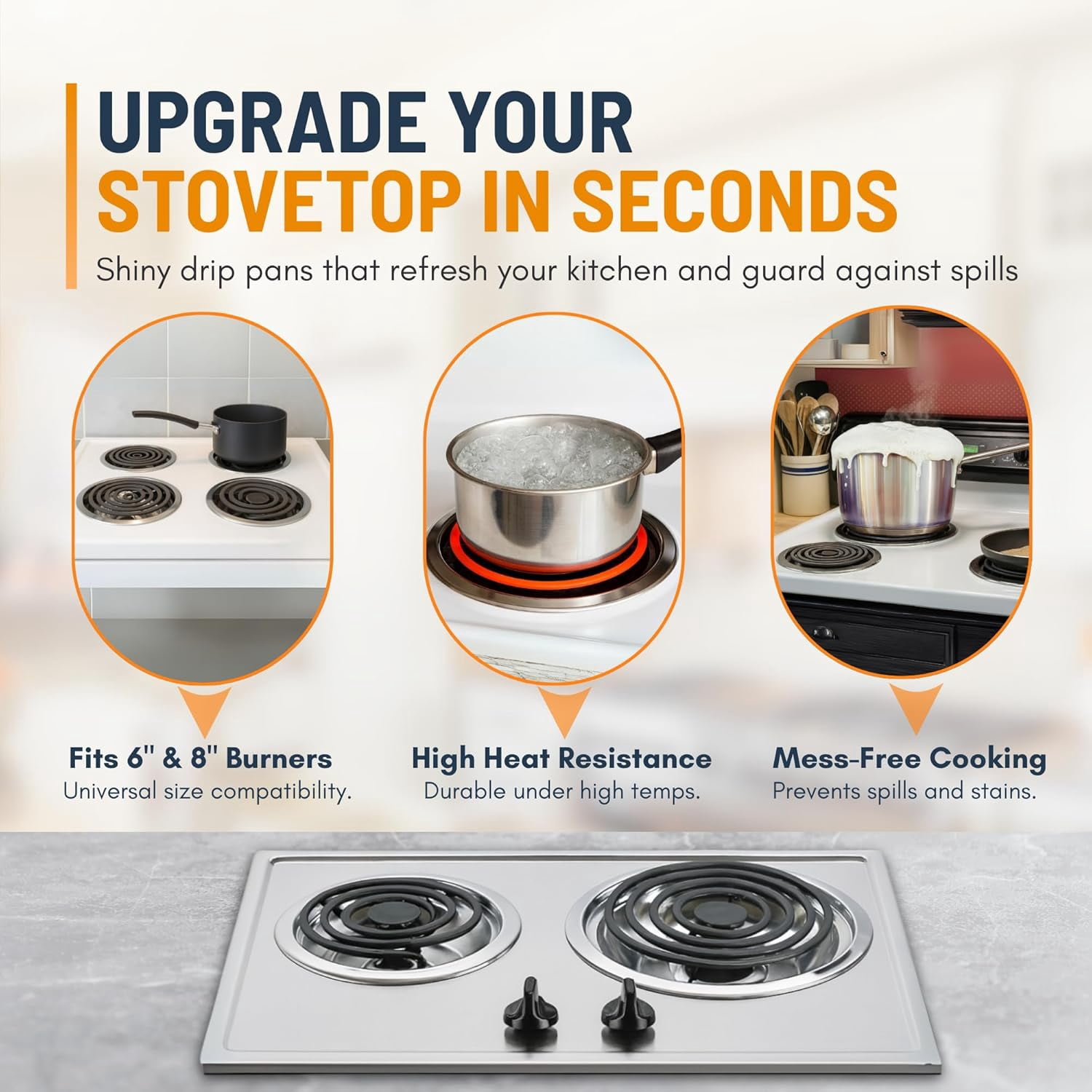 Electric Stove Drip Pans Set of 4 (2 x 6-Inch & 2 x 8-Inch) Replacement Stove Drip Pans for Electric Stove Compatible with Frigidaire, Kenmore, Tappan & More - Stove Burner Drip Pan Replacements