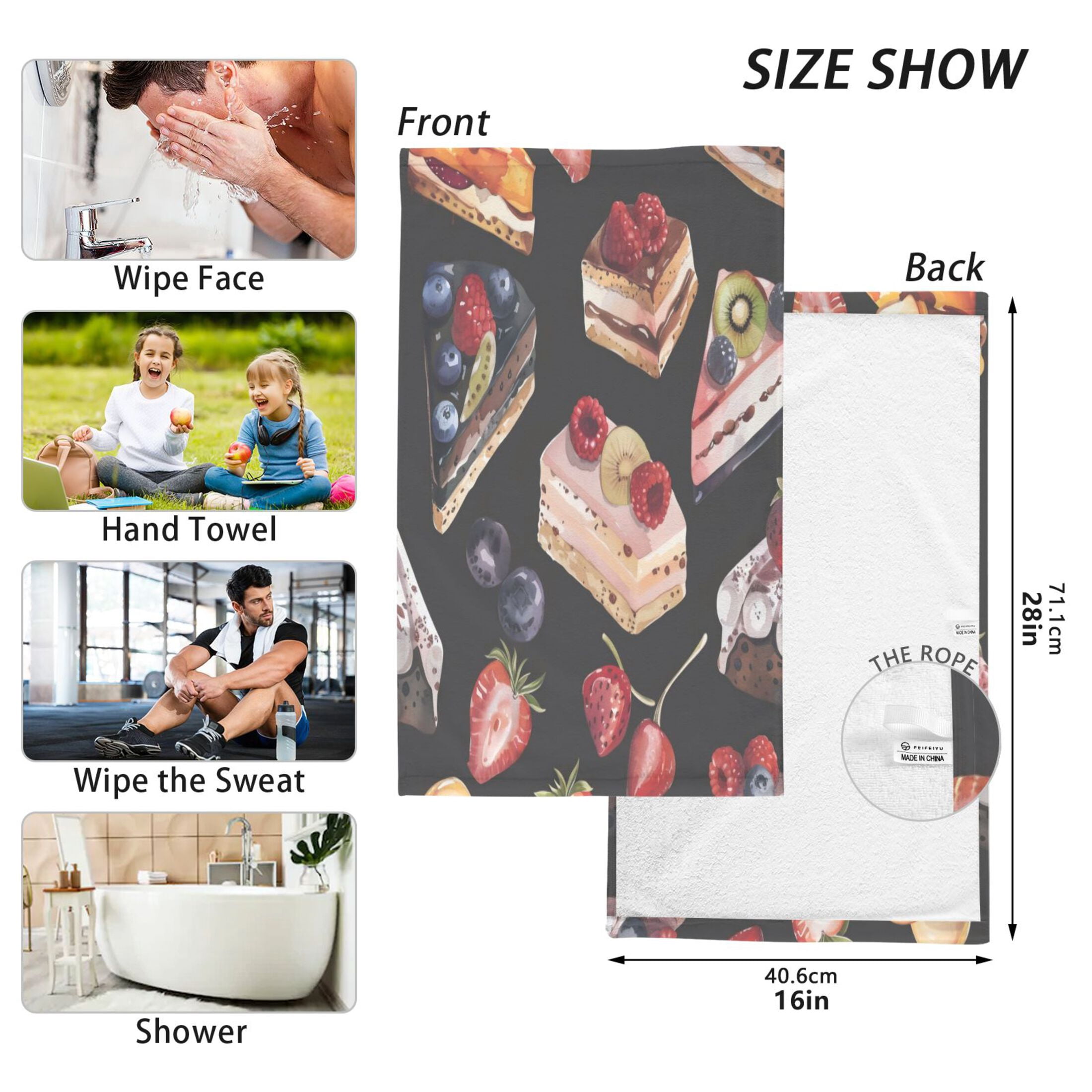 Cotton Towel Two-Piece 16x28 Inch One Sizex2 Face Towel Set Towel Set Cotton Hand Bath Towel Bathroom Beach Black Cake