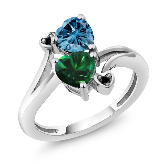 Gem Stone King 10K White Gold Diamond Accent Ring Heart Shape Persian Blue Moissanite and Nano Emerald Green (1.53 Cttw, Size 5)