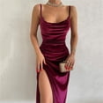 thumbnail image 2 of Women's Spaghetti Straps Sleeveless Solid Velvet Cami Dress Ruched Side Split Bodycon Club Party Midi Dresses, 2 of 5
