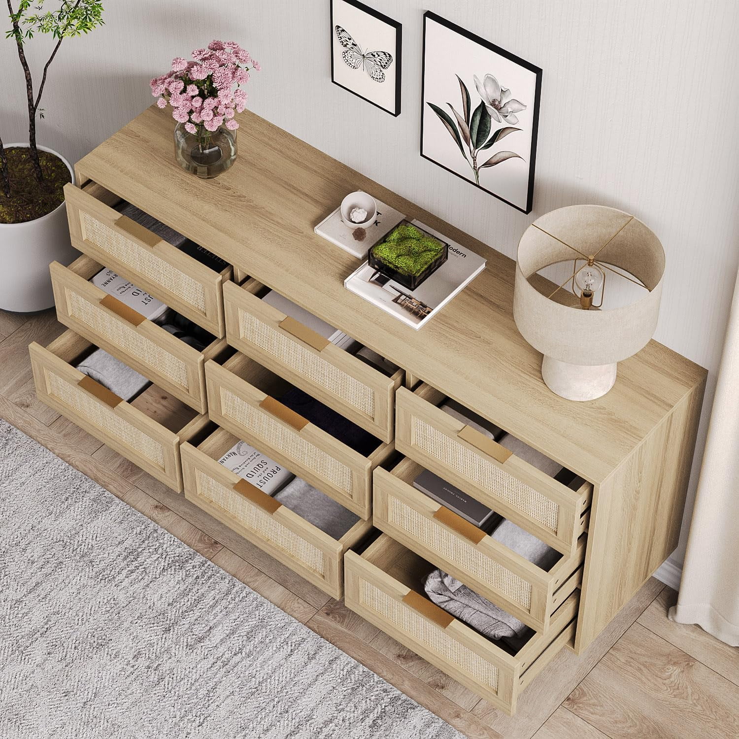 HoopieHome 59'' Boho 9 Drawer Dresser for Adult Bedroom – Rattan, Golden Handles, Wood Legs, Anti-Tipping, Clothes Storage Cabinet