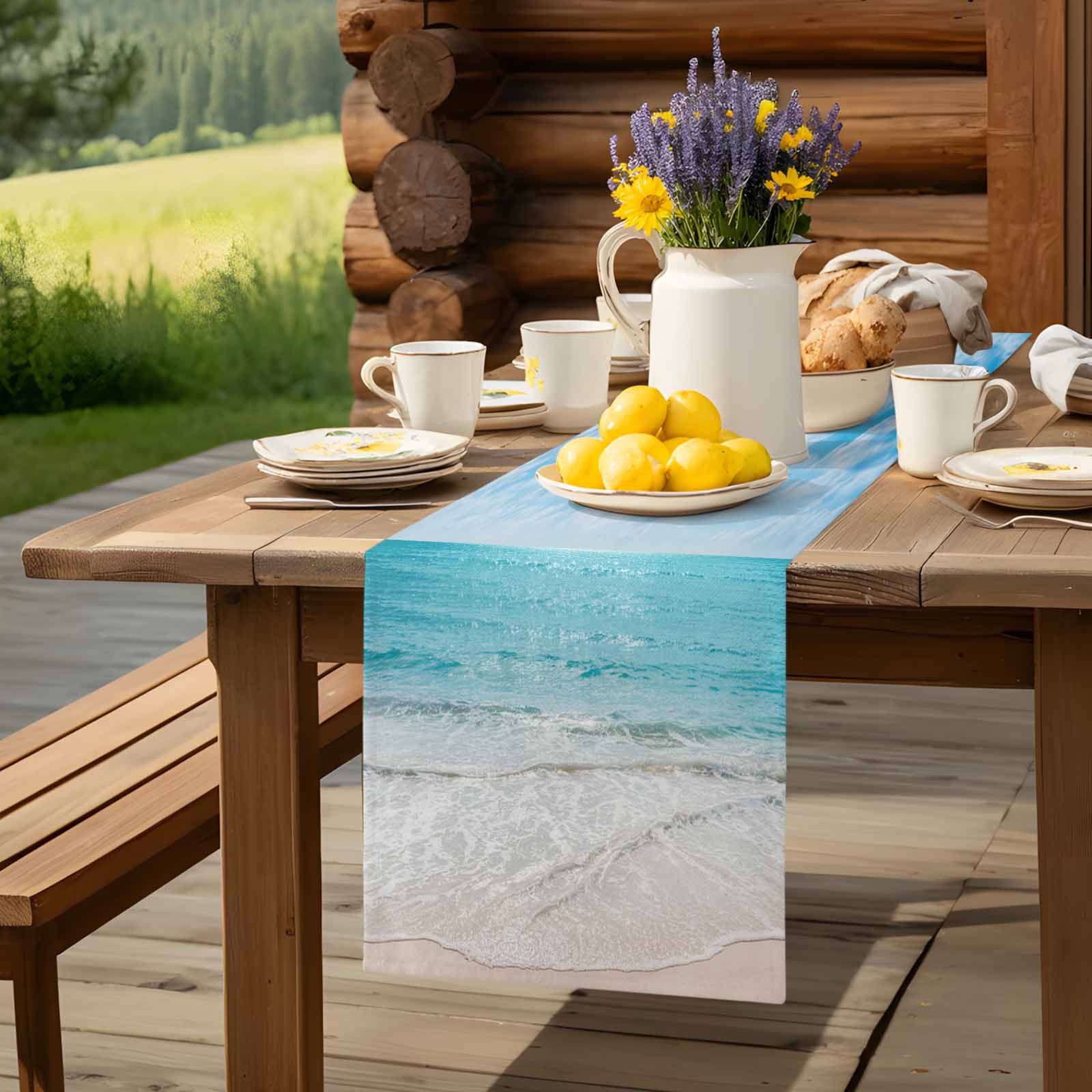 Summer Beach Blue Ocean Waves Table Runner 90 Inches Long, Coastal Nautical Style Table Runners Tabletop Scarf Kitchen Dining Tables Decoration for Home Party Indoor Outdoor