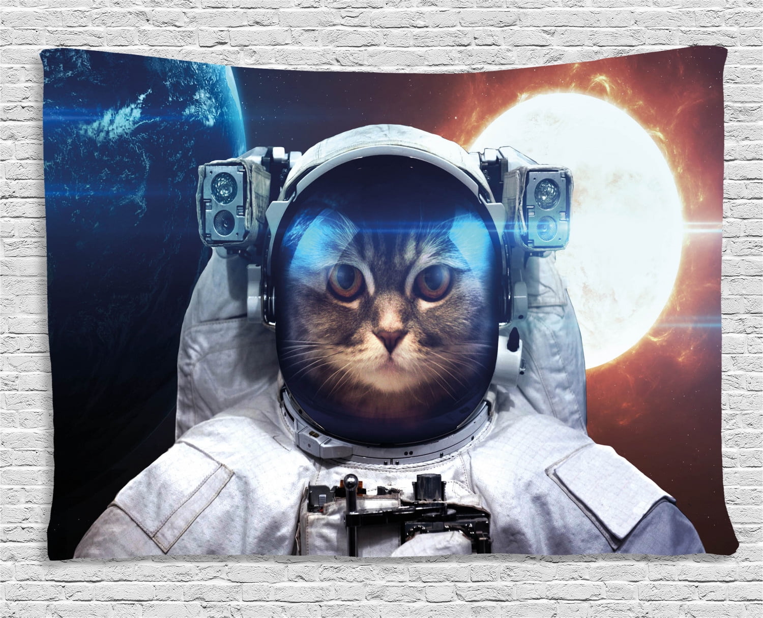 Space Cat Tapestry, House Cat in Galaxy Outer Space with World and Sun ...