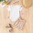 thumbnail image 2 of CAUYDY Toddler Girl Clothes Newborn Summer Fly Sleeve Romper & Cartoon Print Shorts & Bow Headband 3-Piece Set Outfit for Baby Infant Girls 6 9 12 18 Months (Sizes 12-18 Months,P5-Khaki), 2 of 7