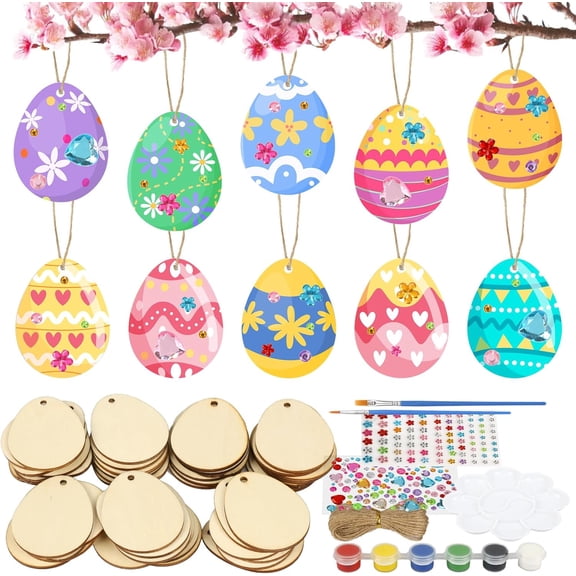 50 Pack Wooden Easter Egg Craft Kit for Kids Make You Own Easter Egg Easter Egg Hanging Ornaments DIY Easter Art and Craft for Girls Boys Art Project Easter Decoration