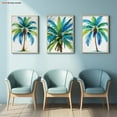 thumbnail image 3 of 3pcs Tropical Palm Tree Wall Art Set - Turquoise Blue & Green Bohemian Frameless Canvas Paintings, Modern Minimalist Multi-Panel Palm Tree Decor for Bathroom,, - Palm Tree Prints with White Borders, 3 of 4