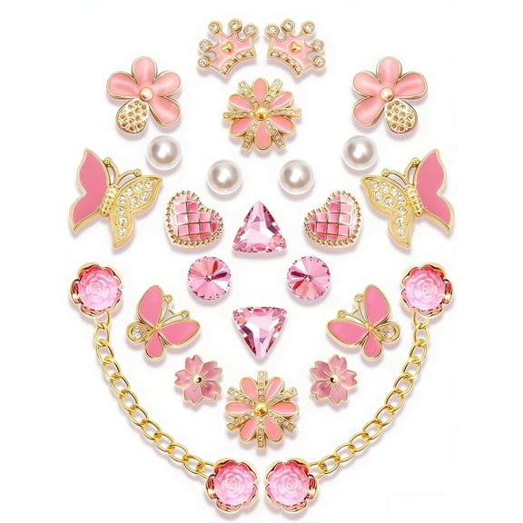 Zzjniupiyyds 24 Pcs Croc Charm for Girl, Pearl Butterfly Flower Crocs Charm Set for Clogs and Sandals with Chain Decorations