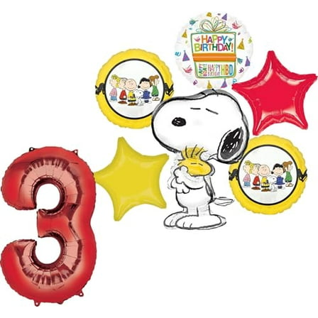 Anagram Peanuts 3rd Birthday Party Supplies Snoopy and Friends 7pc Balloon Bouquet Decorations
