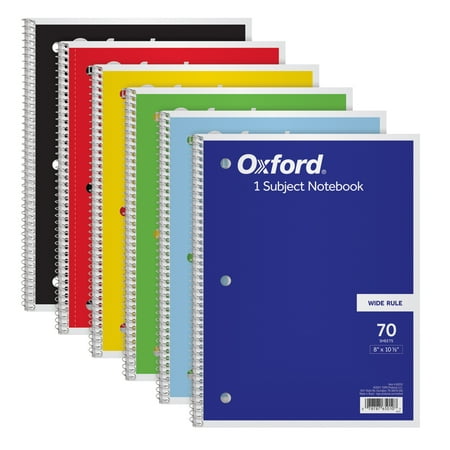 oxford spiral notebook 6 pack 1 subject wide ruled paper 8 x 10-1/2 inch blue yellow red light blue green and black 70 sheets (65010)