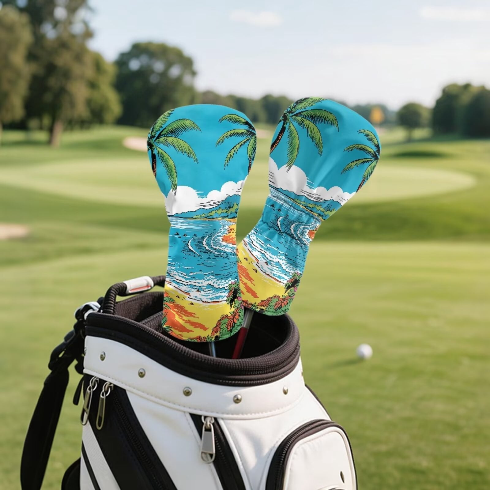 Uorisanigo Golf Club Head Covers Premium PU Leather Beach Coconut Tree Golf Driver/Fairway/Hybrid Club Covers, 3 PCS Headcovers Set Accessories Protection, Waterproof & Durable