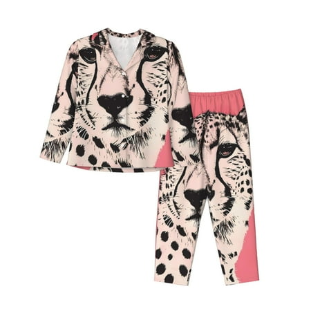 Goofa Pink Cheetah Art Printed Womens 2 Piece Pajama Set Super Pajamas Women s Long Sleeve Sleepwear Soft Button Down Loungewear Pjs Lounge Set Nightwear-XX-Large