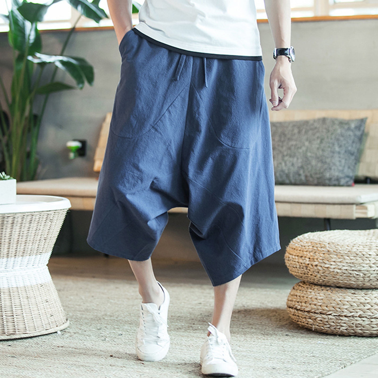 Avamo Mens Casual Baggy Capri Pants Elastic Waist Linen Lightweight Shorts  Loose Summer Drawstring Trousers  Walmartcom