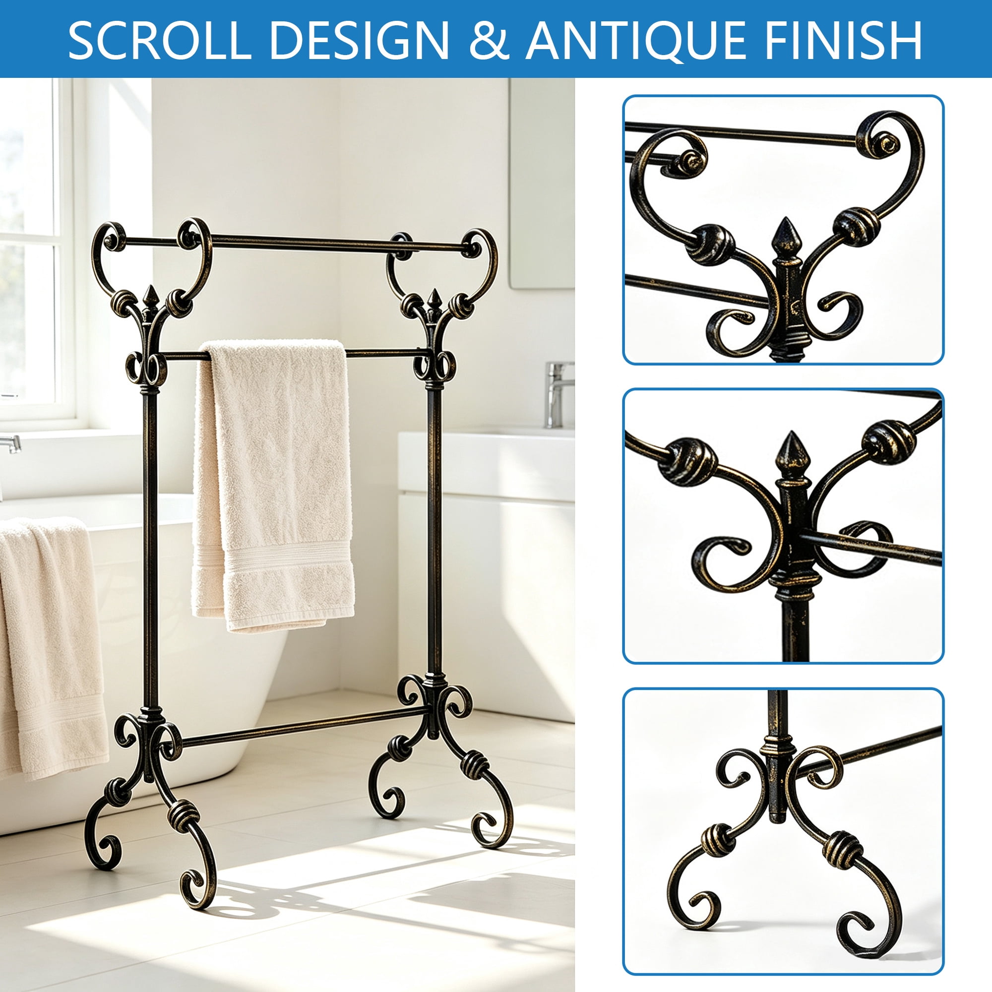 KOOL Antique Scroll Wrought Iron Freestanding Towel Rack, Free Standing Bathroom Towel Bar Stand, Rustproof Decorative Towel Drying Holder for Bathroom, Bedroom & Laundry Room