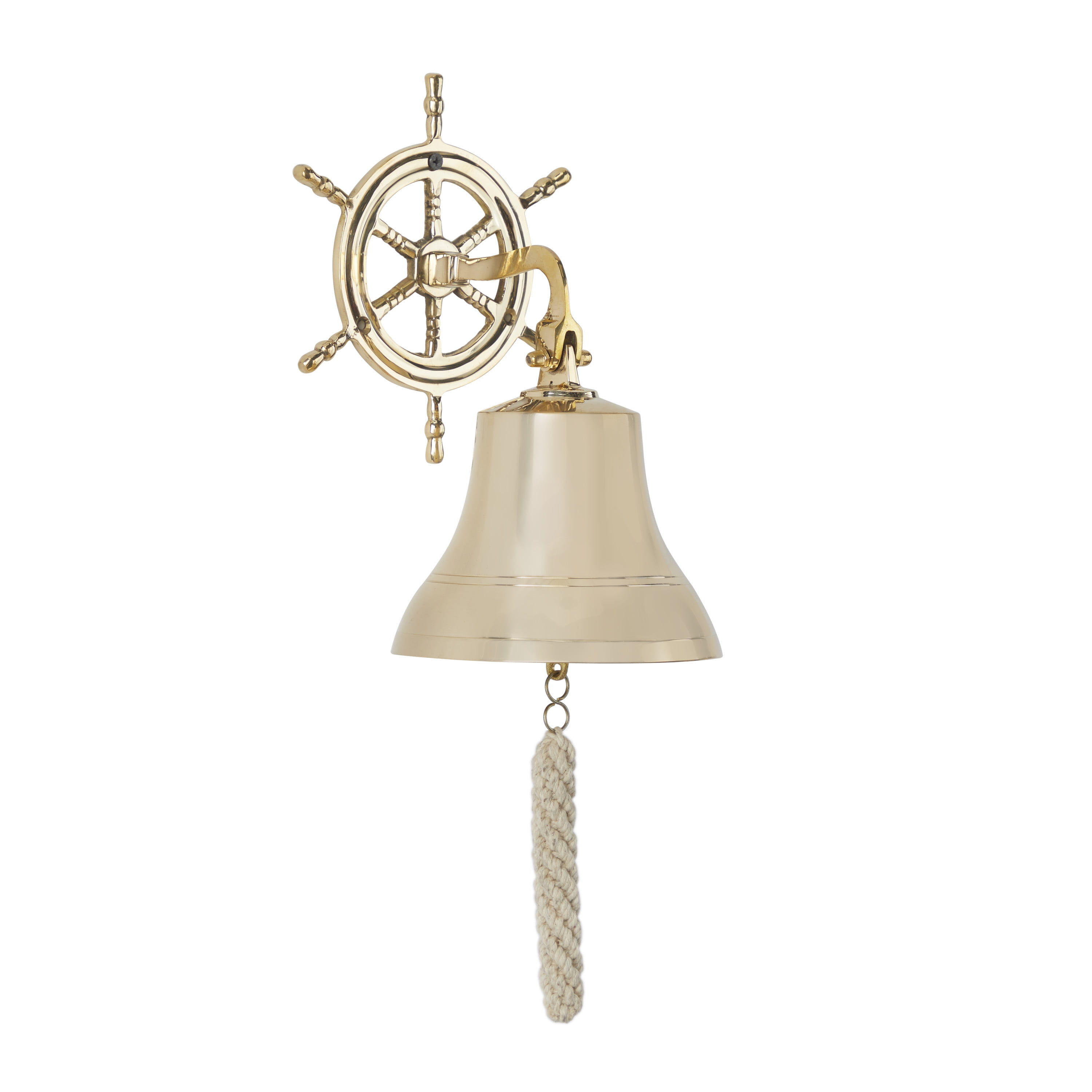DecMode Gold Brass Bell Wall Decor with Ship wheel Backing