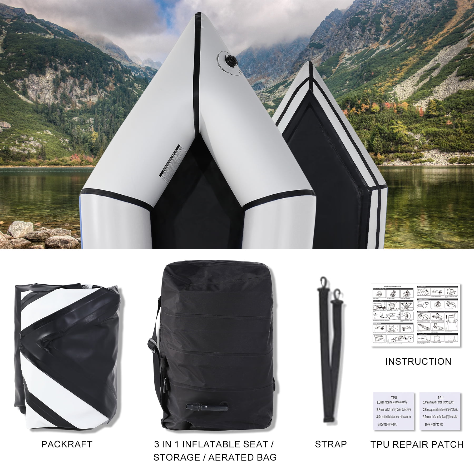 Oryxearth TPU Inflatable Lightweight Packrafts,Flat Water Rafting Camping Trip/Fishing/Water Adventures,1 Person