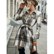 Hotian Women Plaid Shirt Dress with Belt Button Through Checkered Longline Overshirt Gray XS