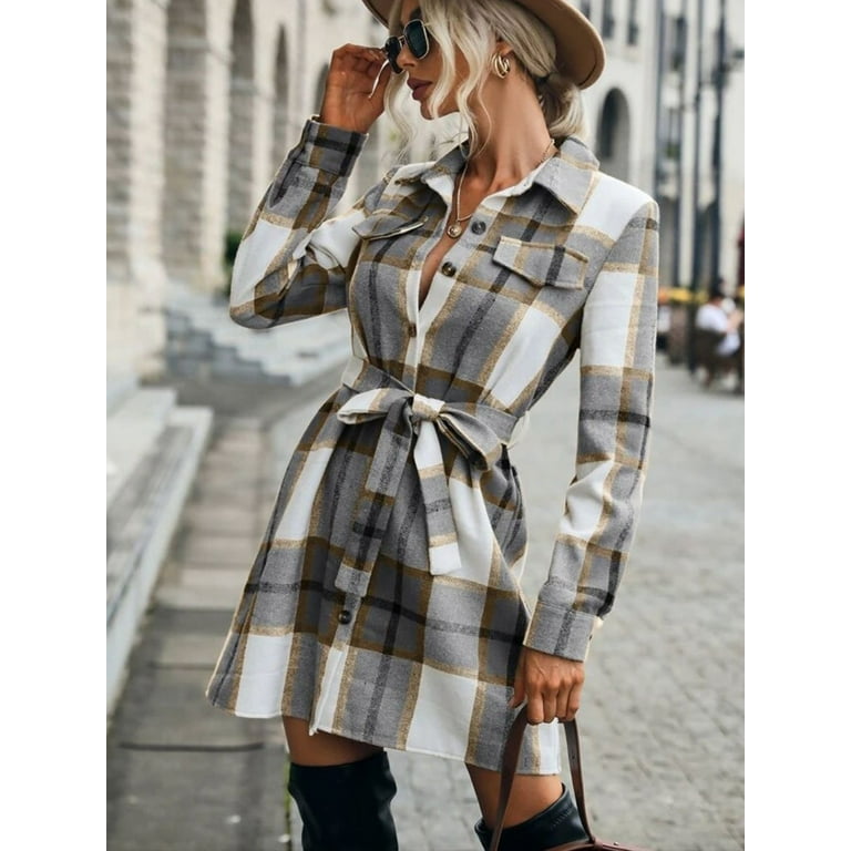 Hotian Women Plaid Shirt Dress with Belt Button Through Checkered Longline Overshirt Gray M