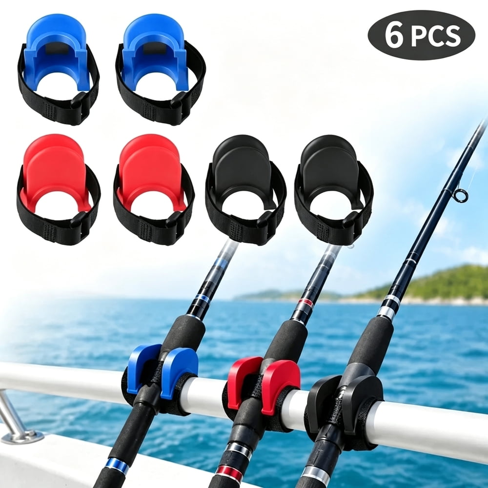 6 PCS U-Shape Rod Holders for Boat Rails TPE Strap-On Racks in Black Blue & Red Fits Round Rails