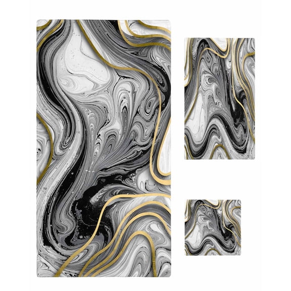 Black Gray Marble Bath Towels for Bathroom Set,Luxury Microfiber Towels Gifts for Women,Quick Dry Beach Kitchen Hand Hair Face Towel and Dish Washcloth,Vintage Golden Abstract Patterned Towels Set