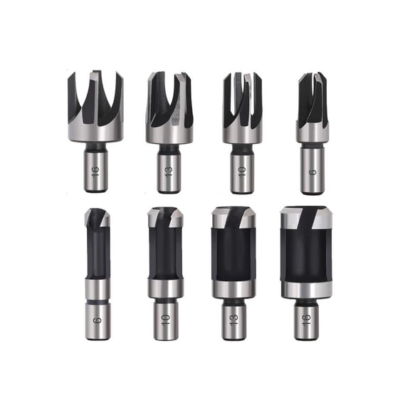 8Pcs Wood Plug Cutter Drill Bit Set Carbon Steel Titanium Coated Woodworking Chamfer Drill Bits Straight and Tapered Taper 5/8 1/2 3/8 1/4 Cutting Tool
