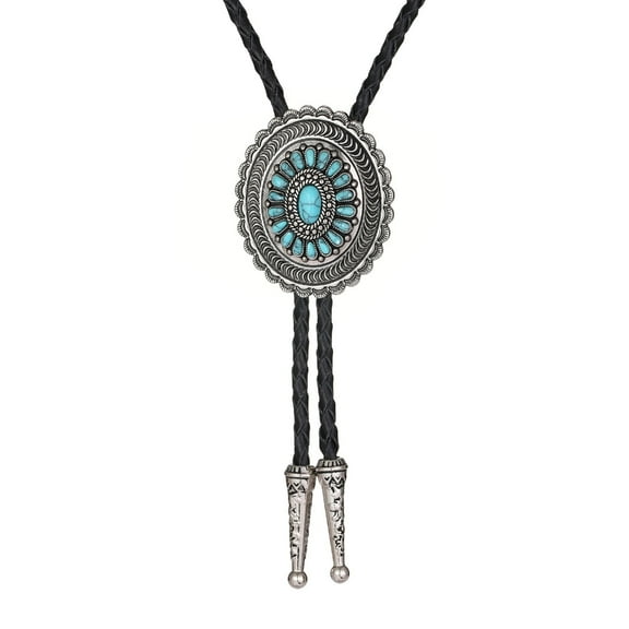 Braided Shoestring Bolo Tie with Turquoise Fretwork Charm Cowboy Necktie Necklace Country Bolo Tie Cowboy