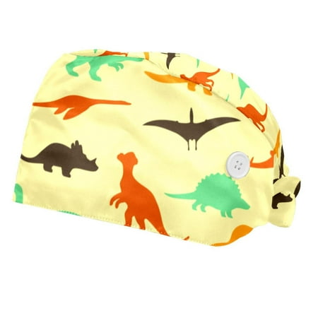 

2PCS Working Cap with Buttons and Sweatband Adjustable Tie Back Hats Bouffant Caps Dinosaur Scrub Turban Hat
