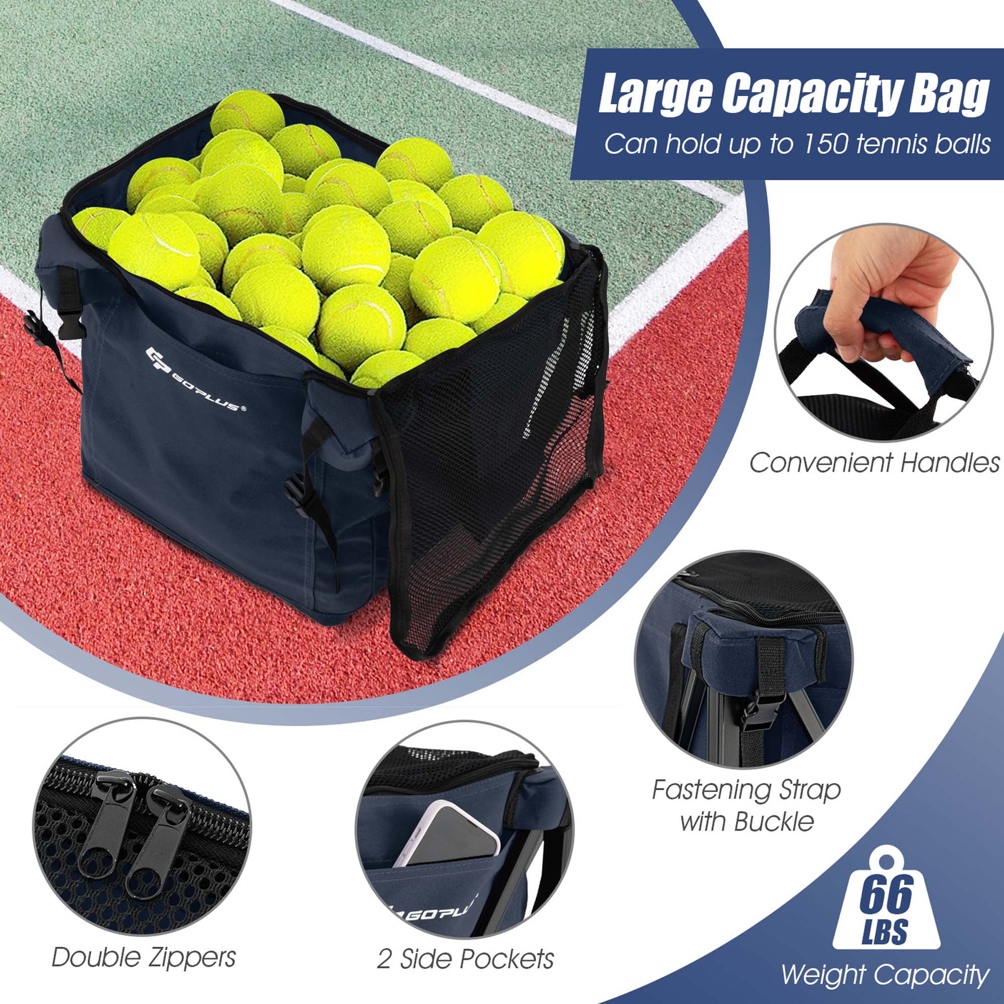 Goplus Foldable Tennis Ball Hopper Basket Portable Travel Teaching Cart with Wheels Bag Blue
