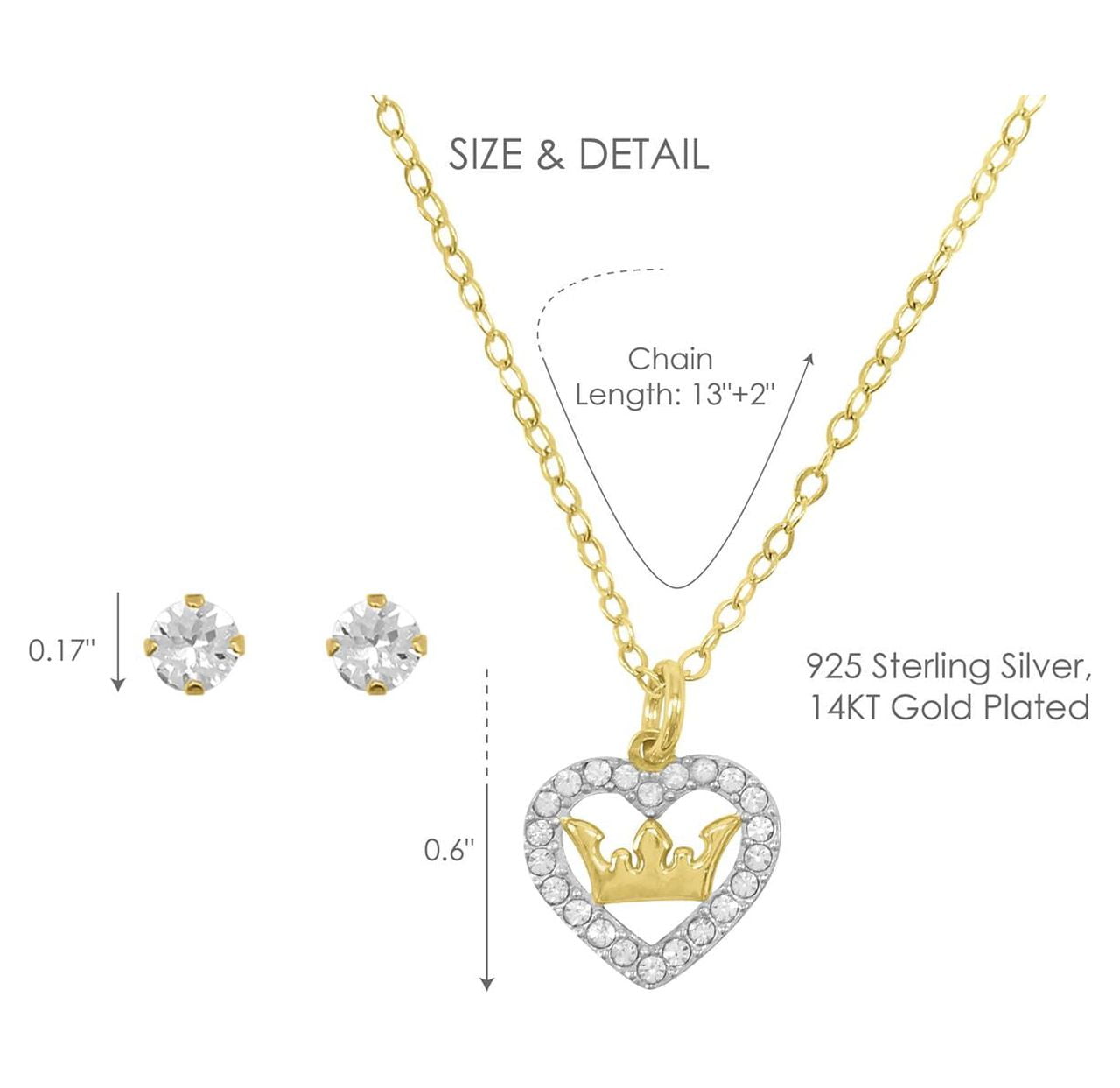 Brilliance Fine Jewelry 14K Gold Plated Sterling Silver Crystal Heart Necklace & Studs Children’s Set