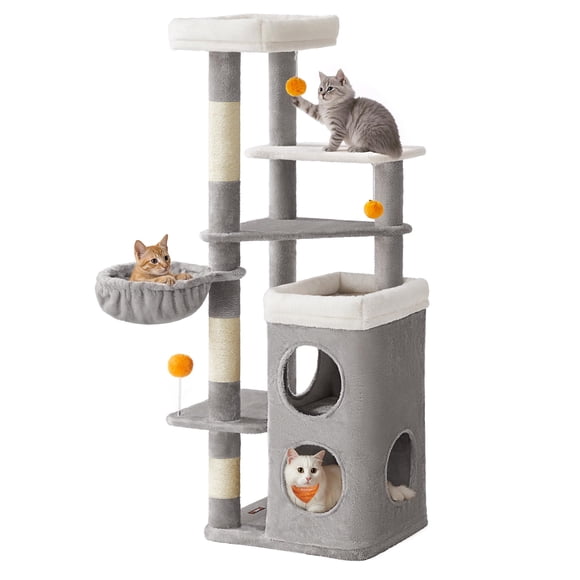 Torre para Gatos Feandrea con 2 Cuevas y 3 Poste Rascador, Gris Paloma