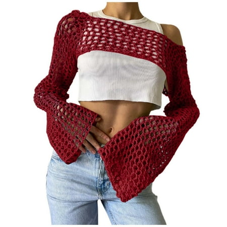 Mzoazpie Sexy Hollow Out Knitted Swim Cover Up for Women Pants Sweater Solid Color Round Beach Cover Up Pants Neck Long Sleeve Pullover Bikini Cover Ups for Women Cute for Women 2025