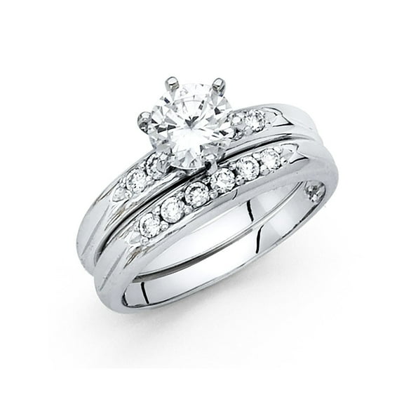 14k Solid White Italian Gold 1.20 ct CZ Round Wedding Ring Duo Set