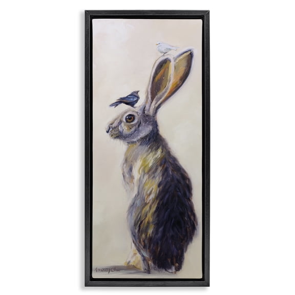 Stupell Industries Traditional Minimal Rabbit & Perched Birds Black Floating Frame Canvas Art, 11 x 25, by Karen Weber Fine Art