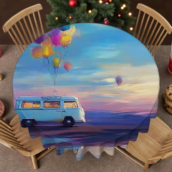 Tablecloth for dining table round - Vintage Van Balloons Dreamy Landscape Print, Polyester Tablecloths 2D Flat Printing tablecloth round, Cafe, dinner, brunch, buffet, picnic, wedding,60x60 Inch
