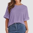 thumbnail image 4 of Womens Oversized Crewneck Short Sleeve T-Shirt - 60% Polyester Blend, Rolled Sleeves Design, Casual Basic Top for Summer Daily Wear, 4 of 6