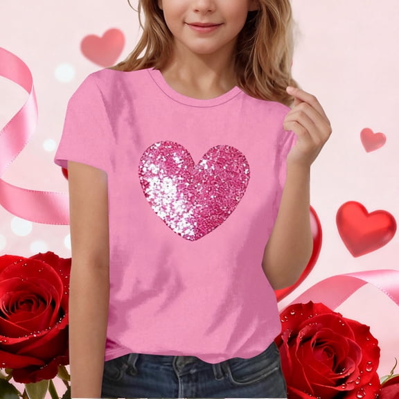 ATOGUTA Girls Short Sleeve T-Shirts Love Heart Valentine Graphic T-Shirt Valentines Day Outfit Tee Top Size 3T-15, Pink
