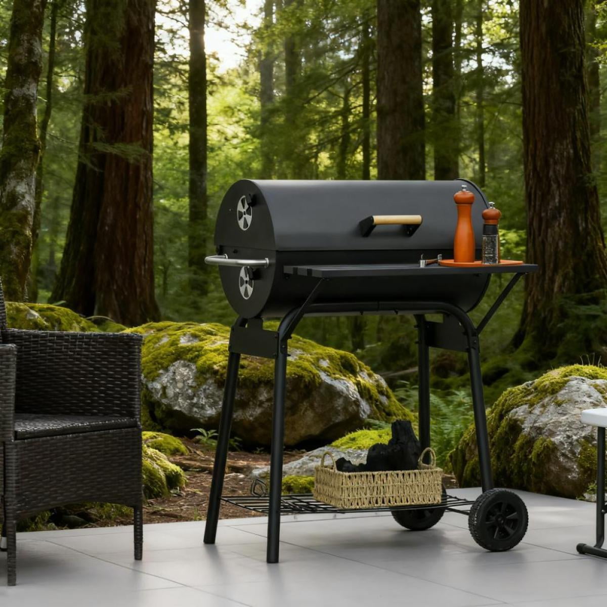 30 Inch Portable Charcoal Barbecue Grill with Wheels 2 Level Cooking Grates Adjustable Charcoal Tray and Storage Shelves for Outdoor Camping Patio Backyard