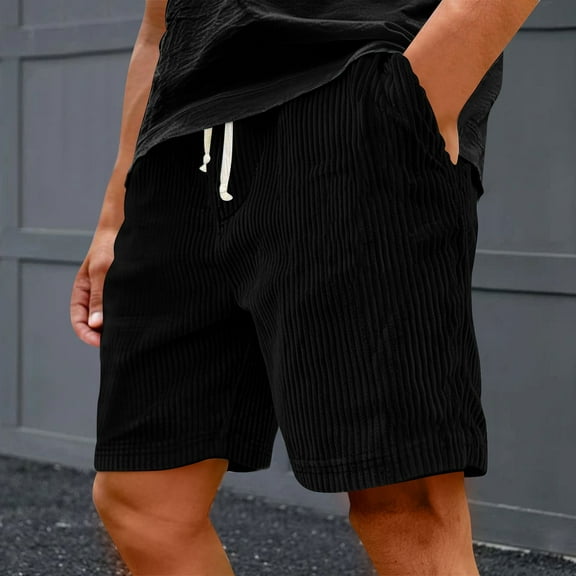 Domuza Men's Shorts Casual Comfort Elastic Waist Drawstring Corduroy Shorts Trendy Lightweight Breathable Beach Shorts with Pockets Black XXL