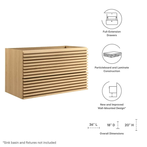 Modway Render Durable Bathroom Vanity, MDF Wood Oak, 36" W, 57 lb