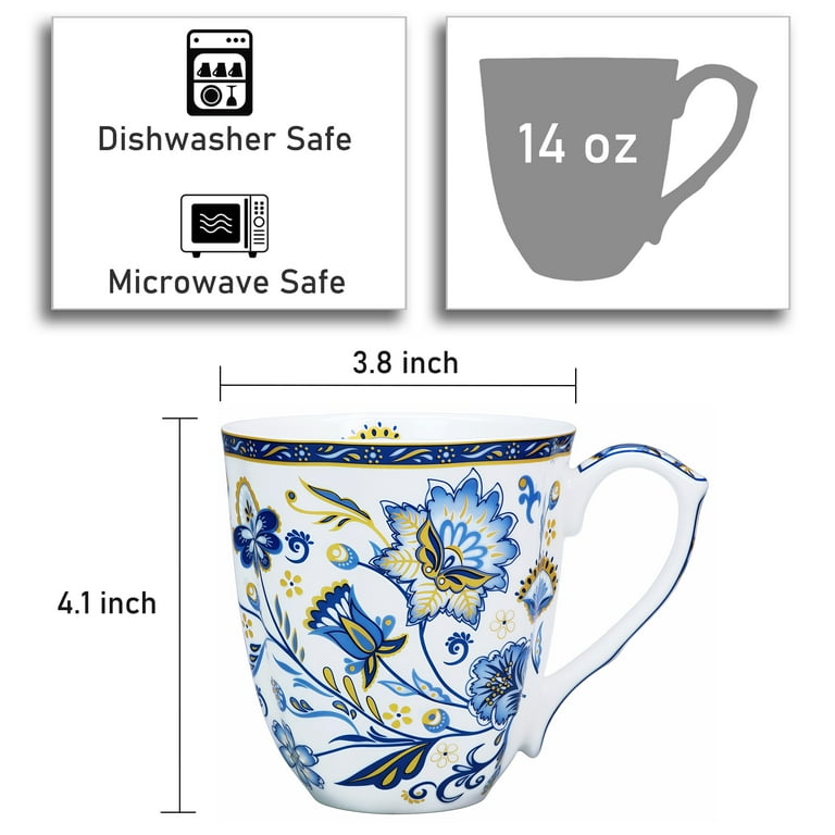 Lanhong 14oz Floral Coffee Mug with Handle Bone China Coffee Tea Cup Christmas Birthday Gifts for Women Men Family Friend